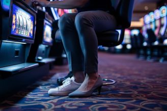 Eye-level photo focusing on a seated casino patron’s legs and feet at a slot machine, with colorful blurred lights in the background, conveying the risk of prolonged sitting and blood clot formation.