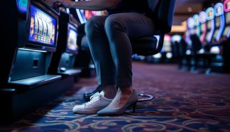 Eye-level photo focusing on a seated casino patron’s legs and feet at a slot machine, with colorful blurred lights in the background, conveying the risk of prolonged sitting and blood clot formation.