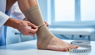Clinician’s hands adjusting a graduated compression sock on a patient’s calf in a medical exam room.