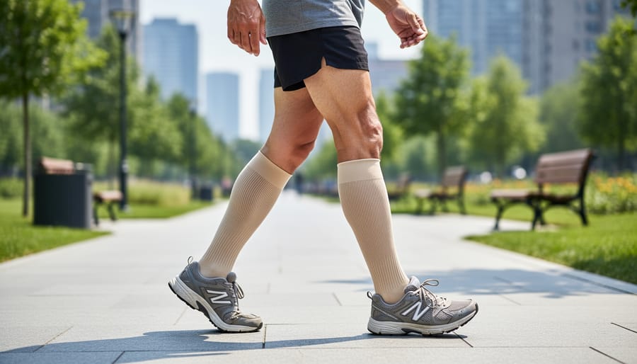Person walking indoors with graduated compression socks on their legs during DVT treatment.