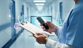 Healthcare professional holding a smartphone and clipboard in a clinical research environment with a laptop glow in the background.