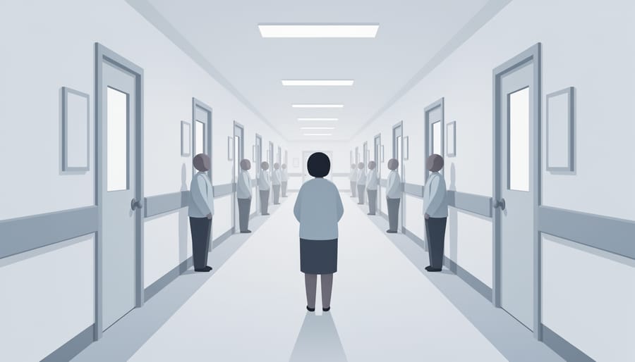 Clinical research coordinator walking down a hospital corridor holding a clipboard