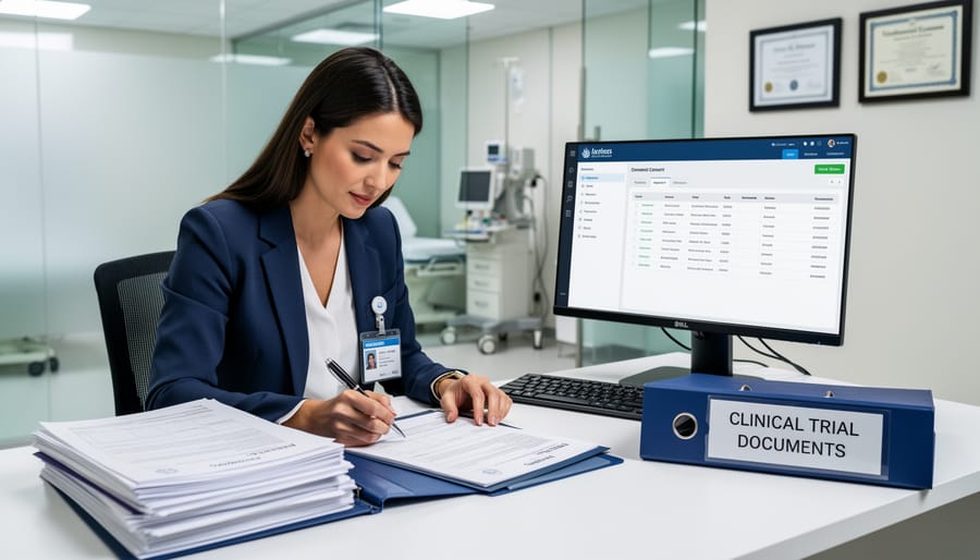 Clinical research coordinator reviewing consent documents at an office desk