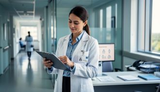 A clinical trials research coordinator in a hospital research office reviewing study information while a clinical setting is softly blurred in the background.