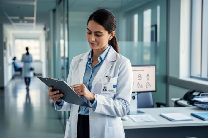 A clinical trials research coordinator in a hospital research office reviewing study information while a clinical setting is softly blurred in the background.