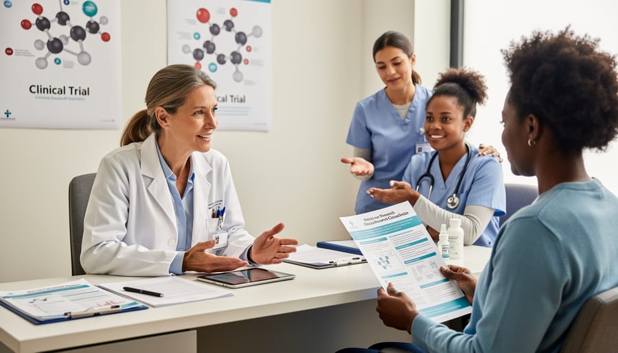 Clinical trial coordinator talking with a patient in a clinic room